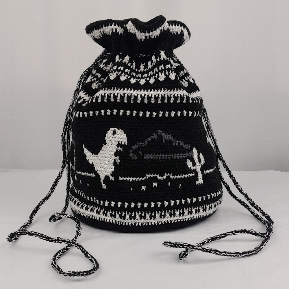 Handcrafted Offline Dino Crocheted Black White Tapestry Drawstring Bag Purse